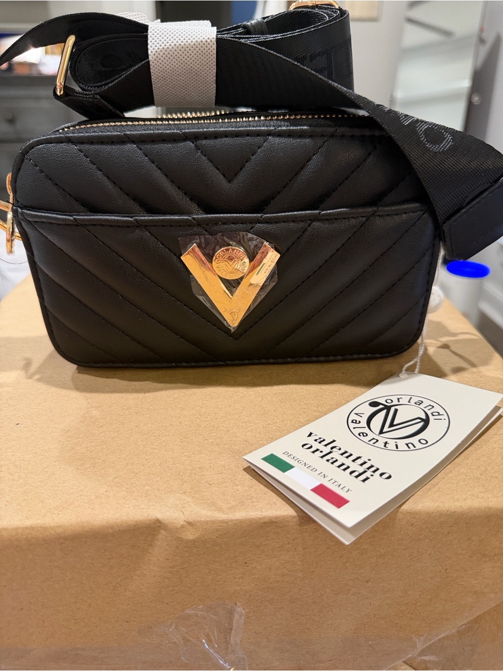 Valentino Orlandi Black Quilted Crossbody with Gold V Emblem